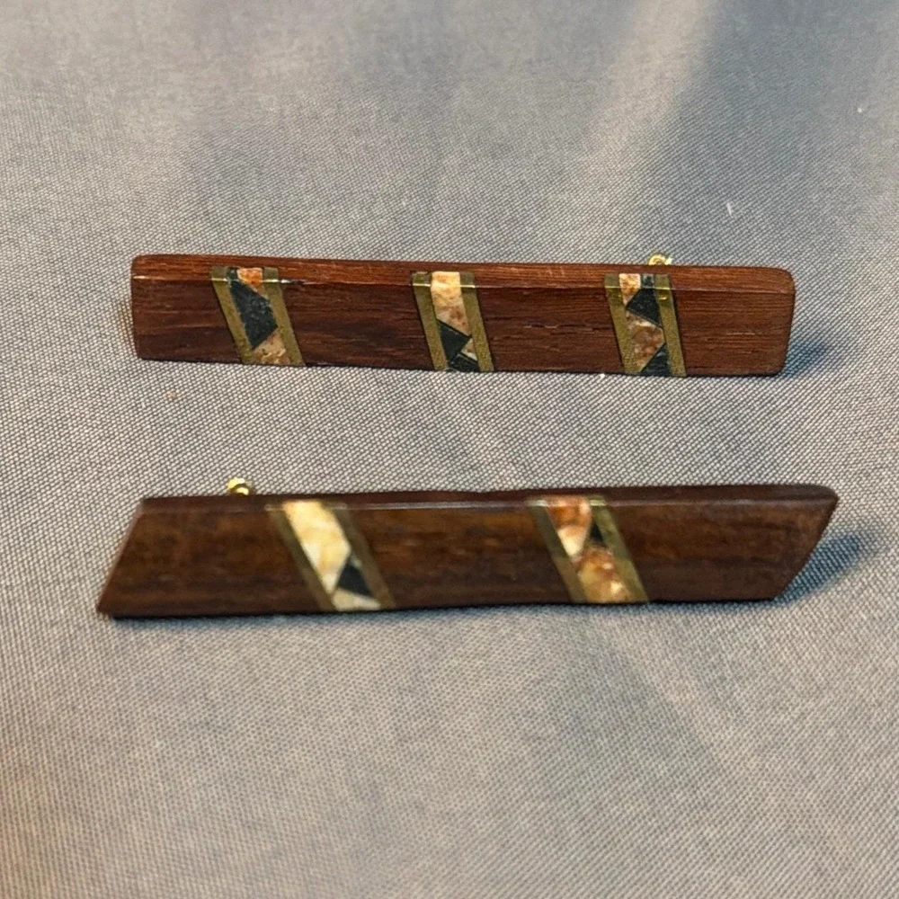 Vintage Handcrafted Wood Inlay Bar Brooch Set Mixed Stone Geometric Pins 2pc